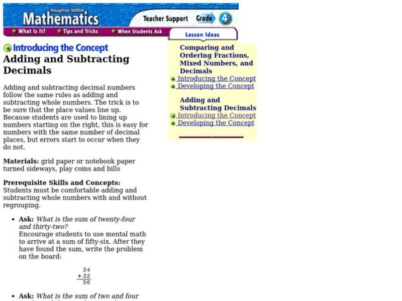 Adding and Subtracting Decimals Lesson Plan