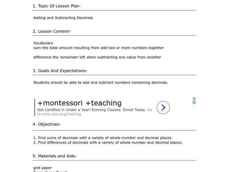 Adding and Subtracting Decimals Lesson Plan