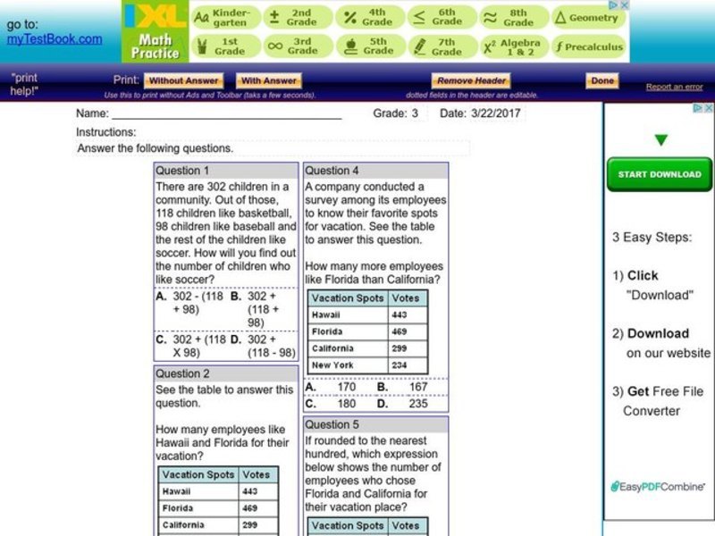 My Test Book: Addition and Subtraction Worksheet