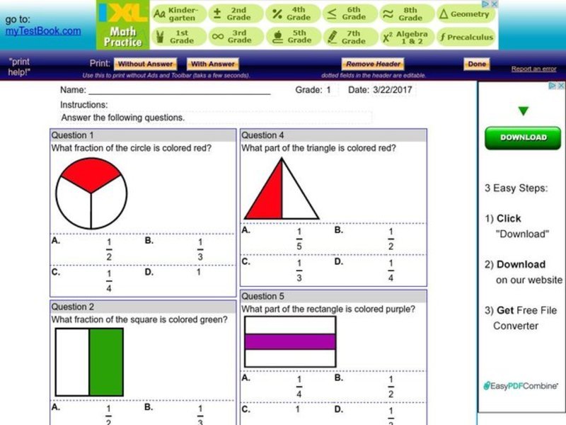 My Test Book: Fractions Worksheet