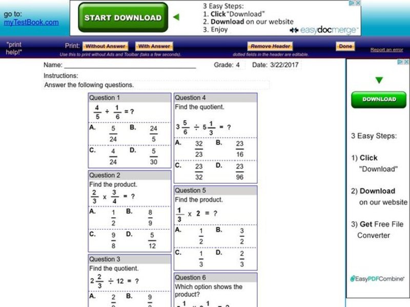 My Test Book: Fractions Worksheet