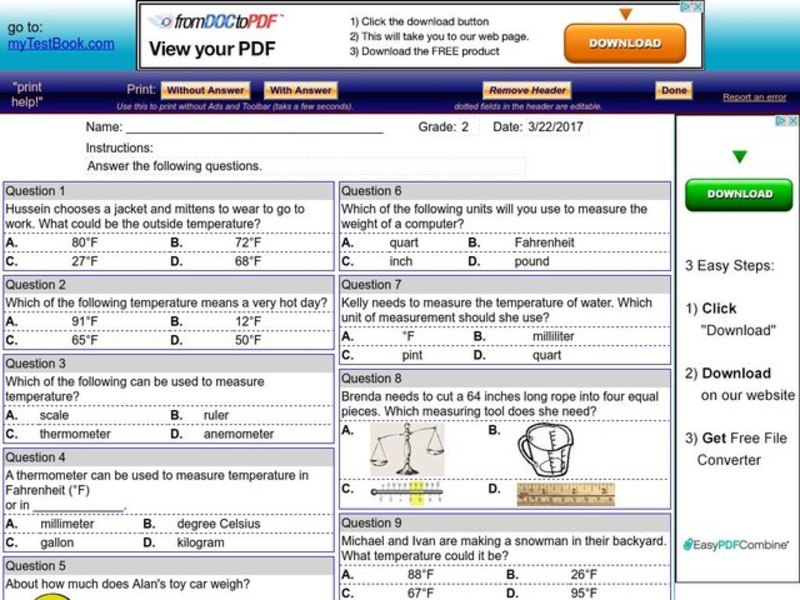 My Test Book: Measurement Worksheet