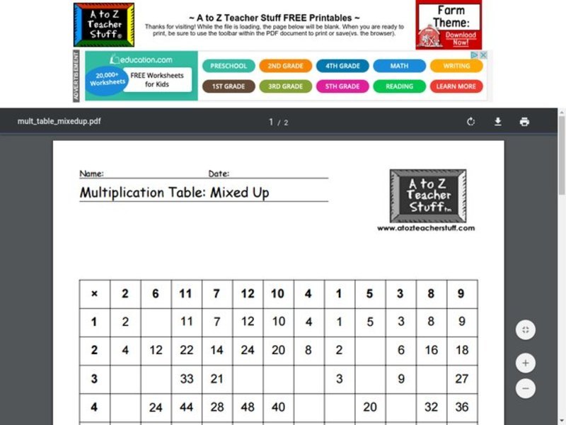 Multiplication Table: Mixed Up Worksheet