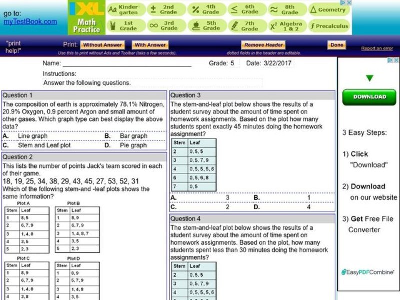 My Test Book: Stem and Leaf Plots Worksheet