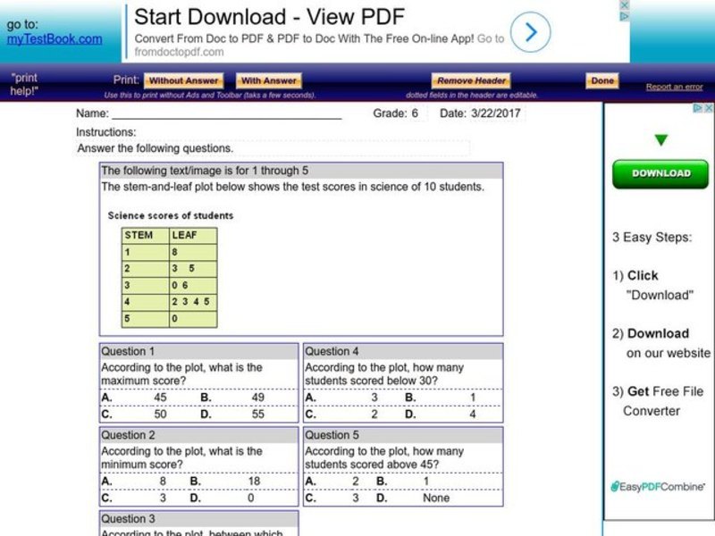 My Test Book: Stem and Leaf Plots Worksheet
