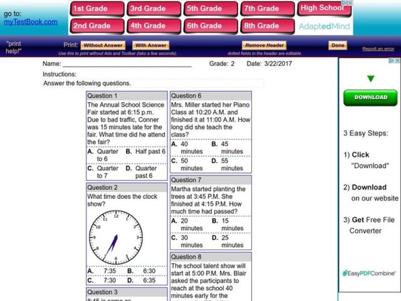 My Test Book: Telling Time Worksheet