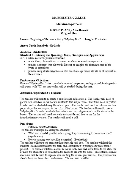 Mystery Box Lesson Plan