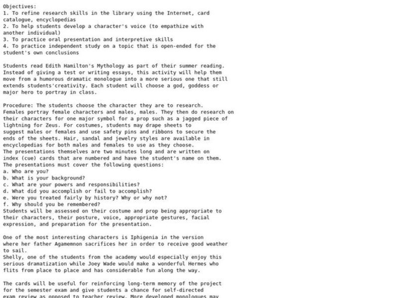 Mythology Lesson Plan