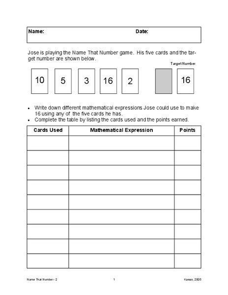 Name That Number Game Worksheet