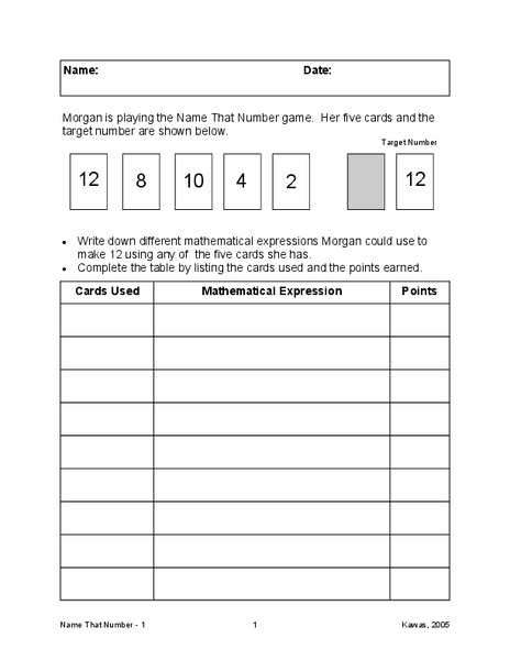 Name That Number Game Worksheet