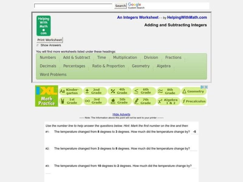 Adding and Subtracting Integers Worksheet