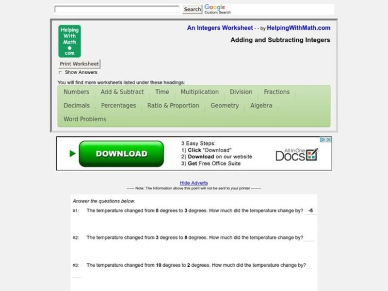Adding and Subtracting Integers Worksheet