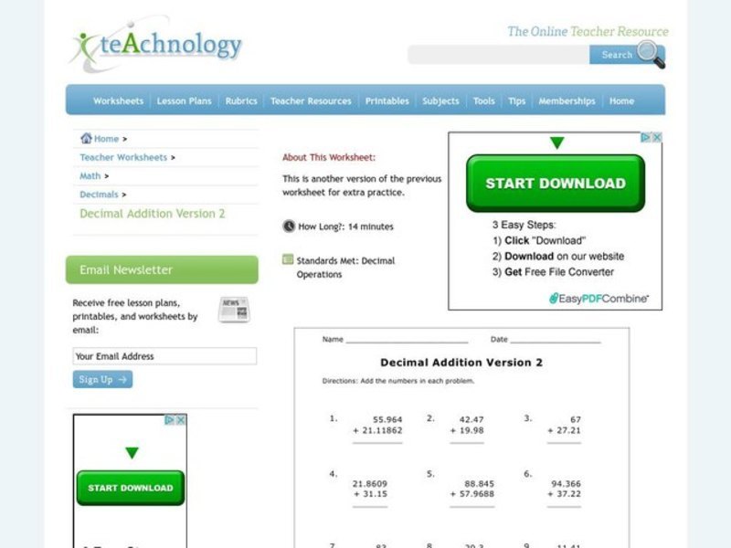 Adding Decimals Worksheet