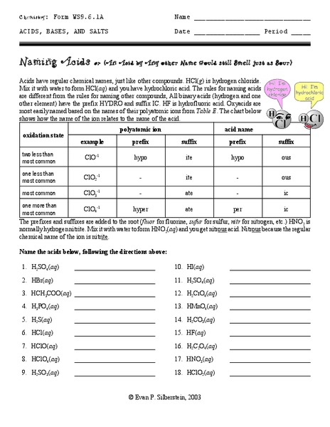 Naming Acids Worksheet