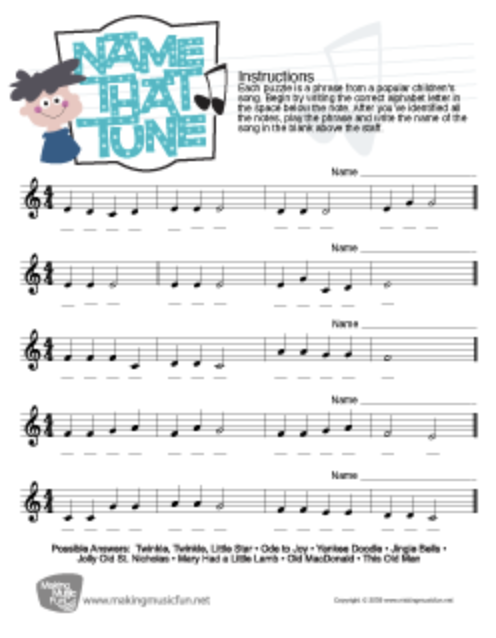 Name That Tune | Free Music Theory Worksheet - Treble Clef Note Names Worksheet