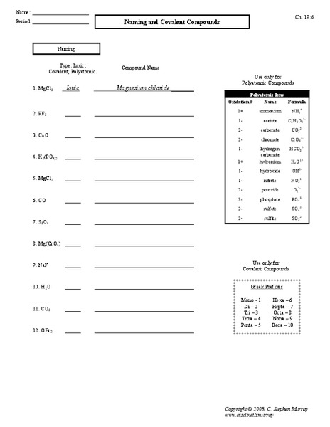 Naming and Covalent Compounds Worksheet