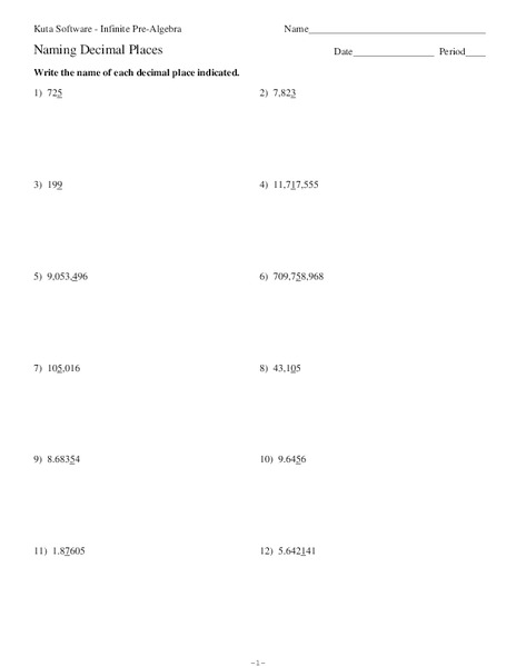 Naming Decimal Places Worksheet