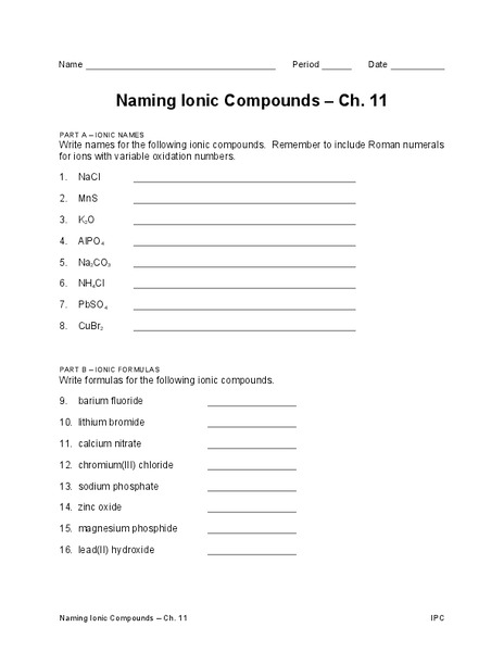 Naming Ionic Compounds Worksheet
