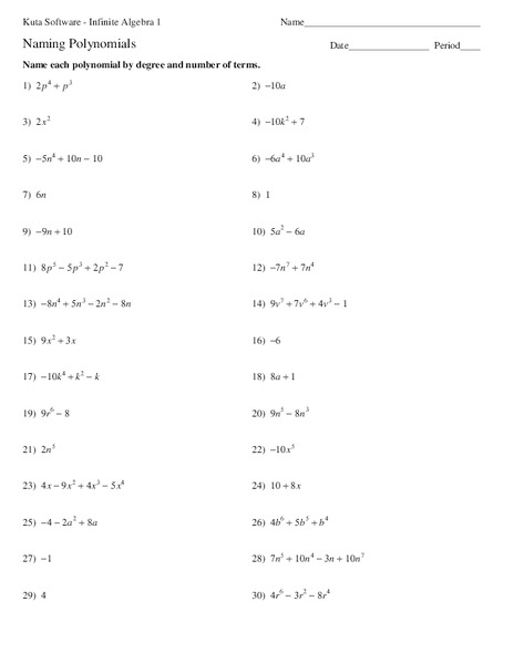 Naming Polynomials Worksheet