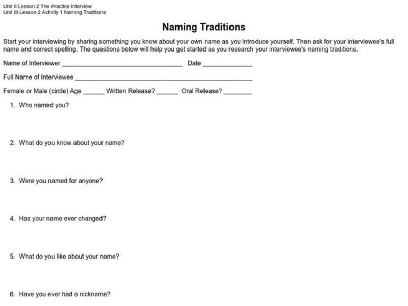Naming Traditions Worksheet