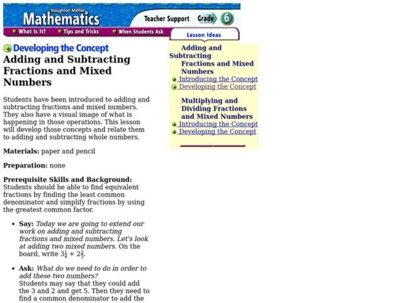 Adding and Subtracting Fractions and Mixed Numbers Lesson Plan