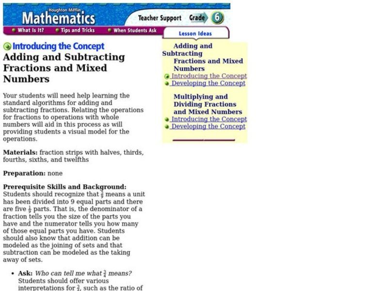Adding and Subtracting Fractions and Mixed Numbers Lesson Plan