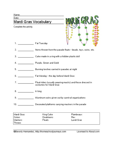 Mardi Gras Vocabulary Worksheet
