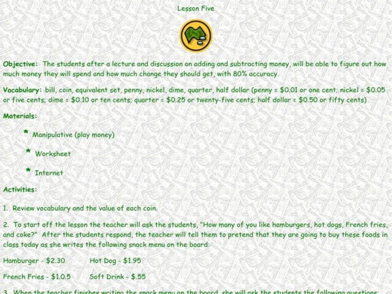 Adding and Subtracting Money Lesson Plan