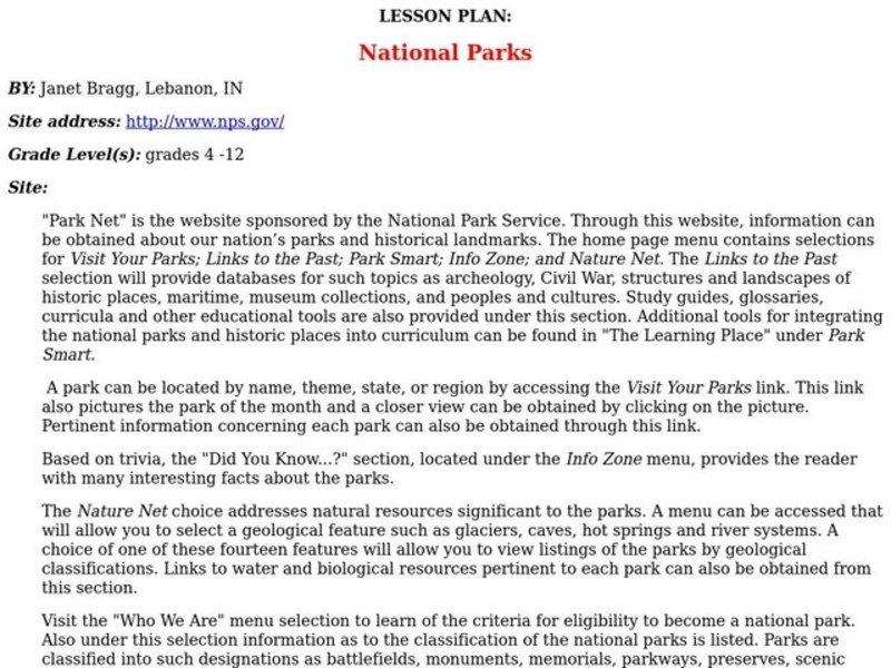 National Parks Lesson Plan