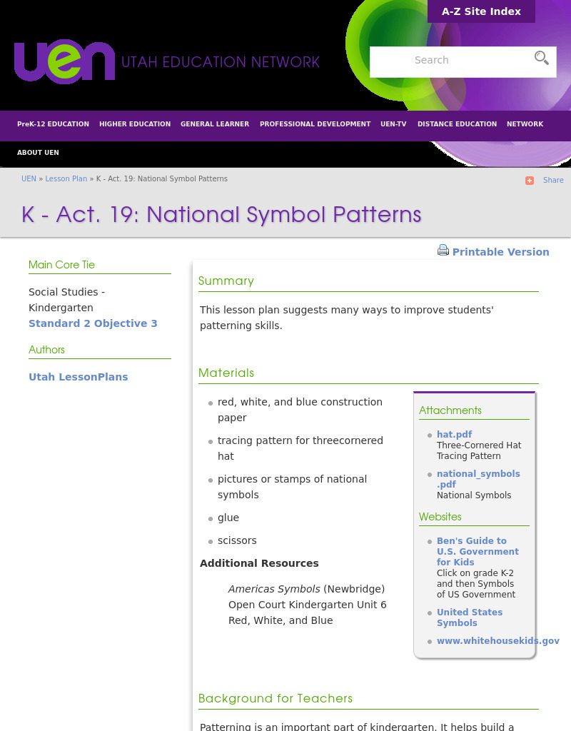 National Symbol Patterns Lesson Plan