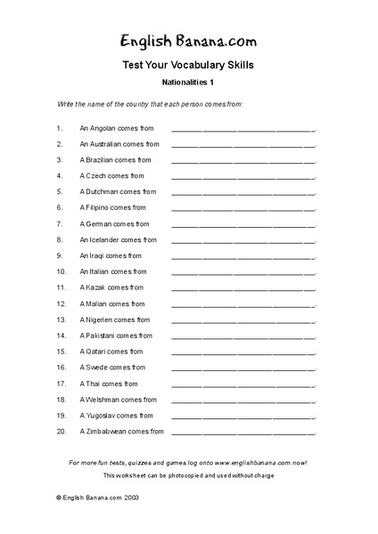 Nationalities Worksheet