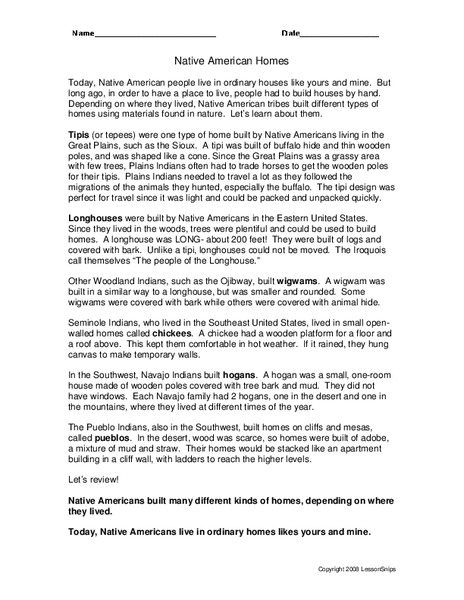 Native American Homes Worksheet