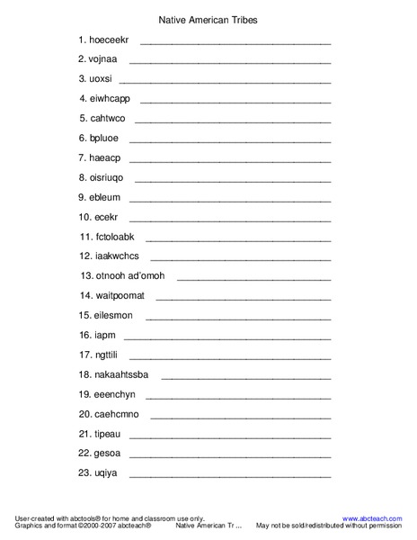 Native American Tribes Worksheet