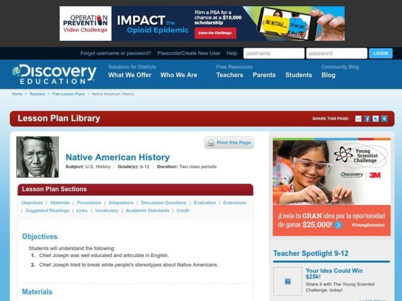 Native American History  Lesson Plan