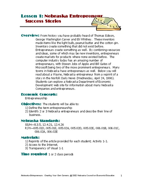 Nebraska Entrepreneur Success Stories Lesson Plan