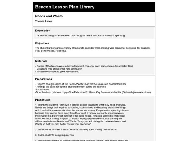 Needs and Wants Lesson Plan