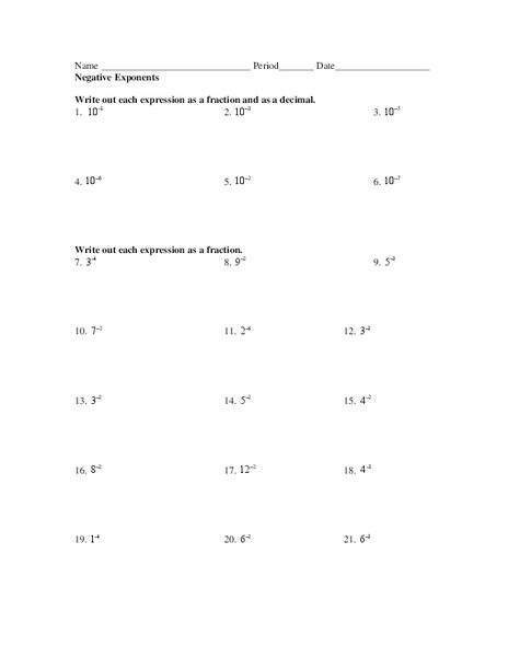 Negative Exponents Worksheet