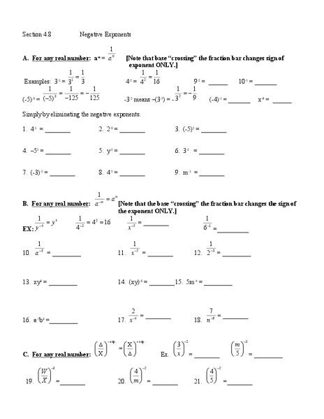 Negative Exponents Worksheet