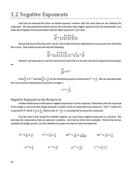 Negative Exponents Handout