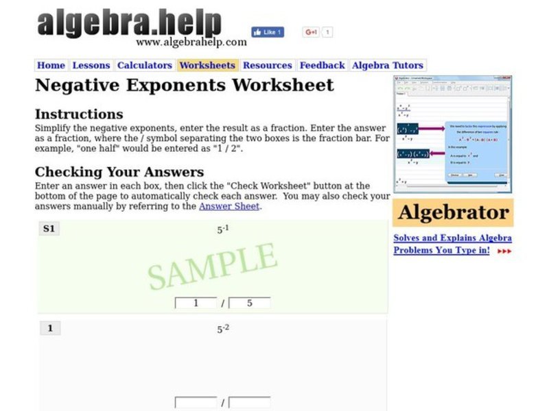 Negative Exponents Worksheet Worksheet