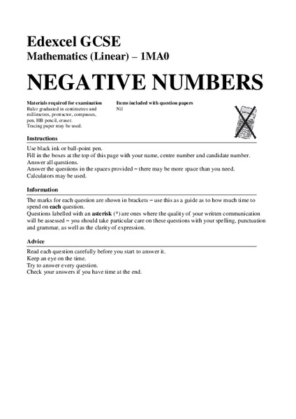 Negative Numbers Worksheet