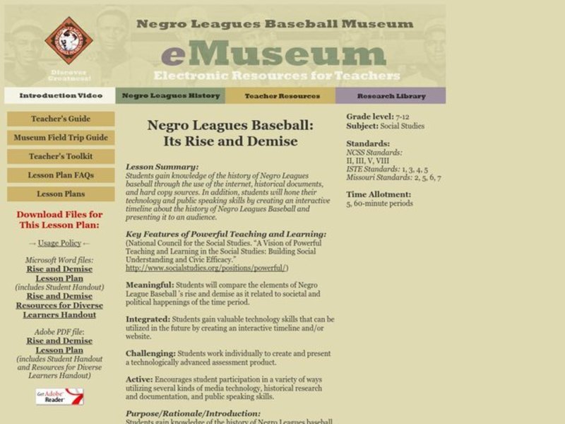 Negro Leagues Baseball: Its Rise and Demise Lesson Plan
