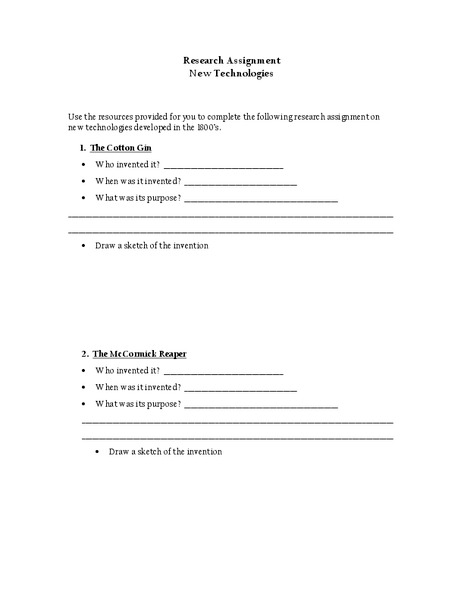 New Technologies Worksheet