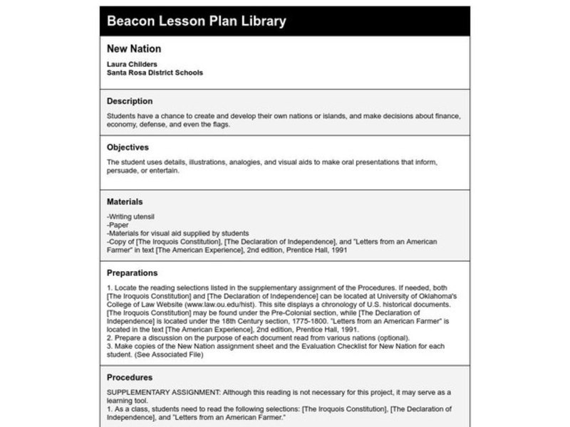 New Nation Lesson Plan