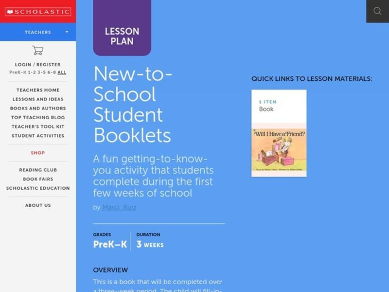 New to School Student Booklets Lesson Plan