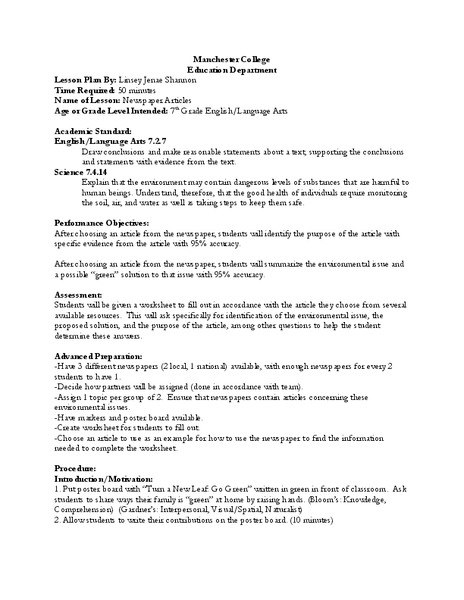 Newspaper Articles Lesson Plan
