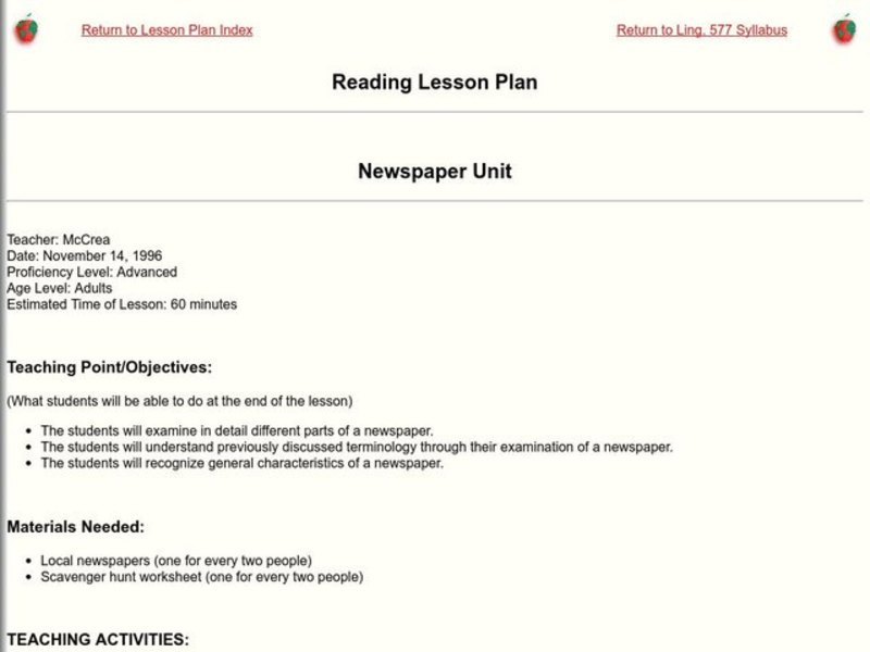 Newspaper Unit Lesson Plan