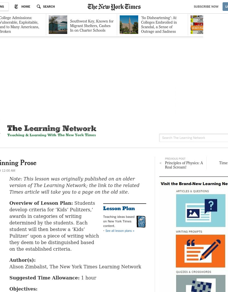 Prize-Winning Prose Lesson Plan