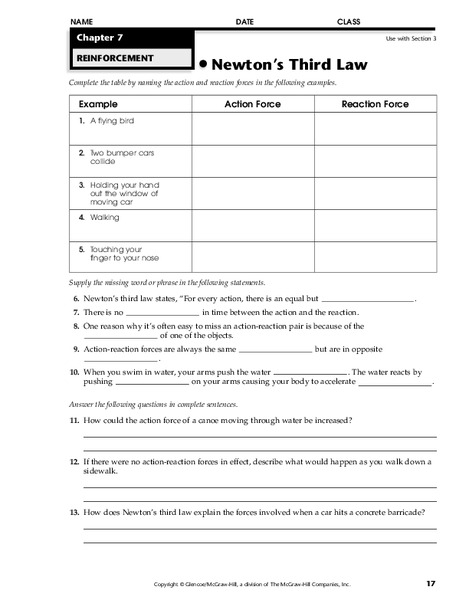 Newton's Third Law Worksheet
