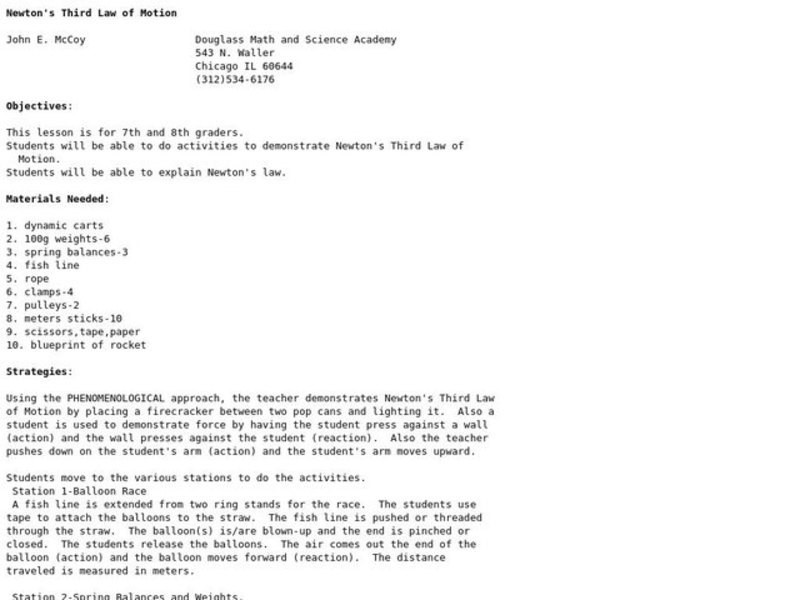 Newton's Third Law of Motion Lesson Plan
